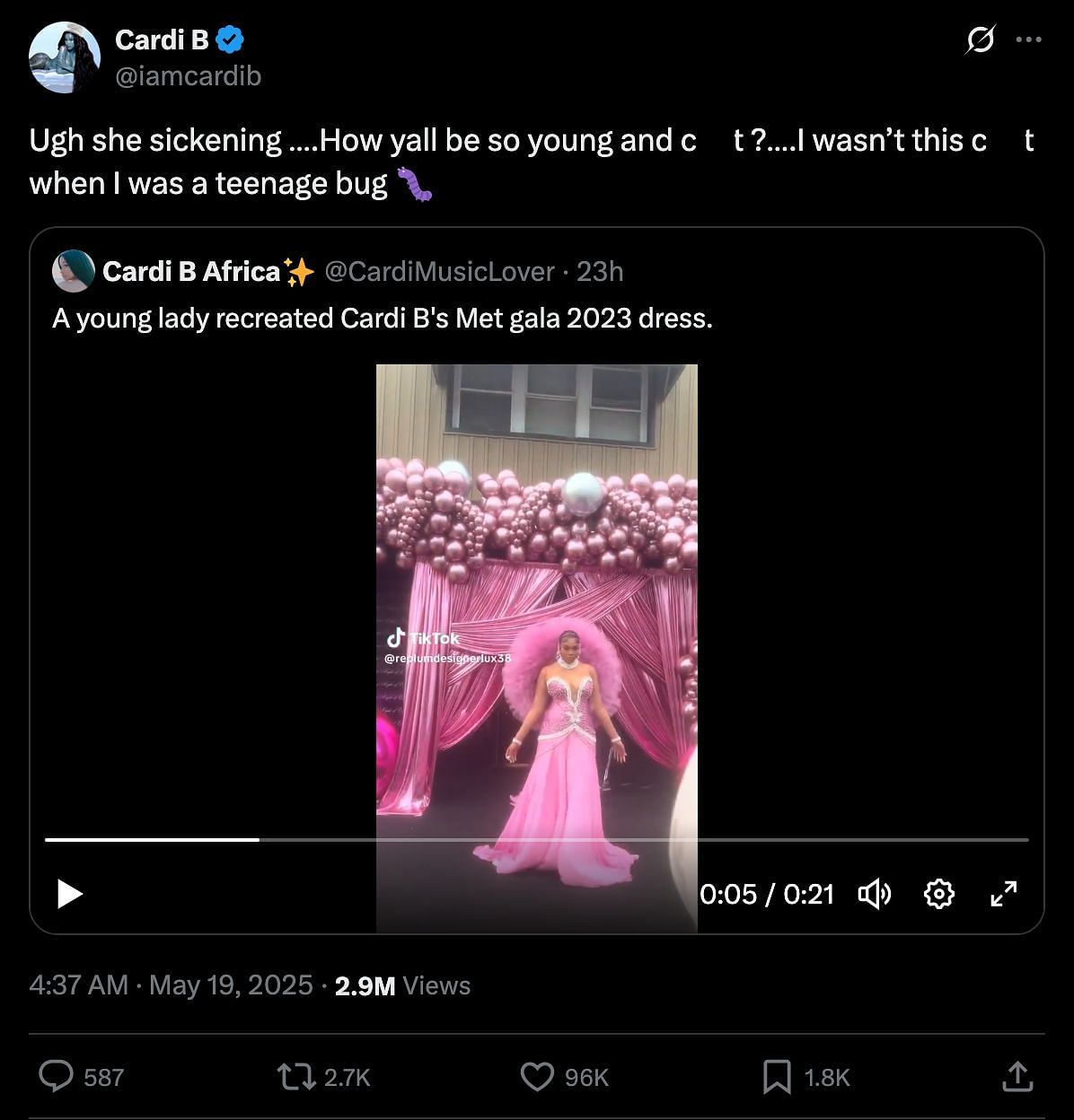 Cardi's cryptic response to fan recreating 2023 Met Gala outfit (Image via X/@iamcardib)